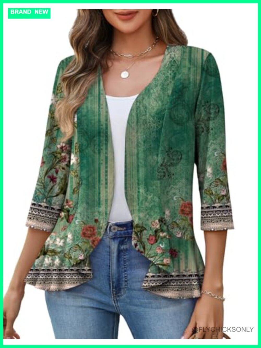 Women's Lightweight Ruffle Cardigan 3/4 Sleeve Open Front Coverup